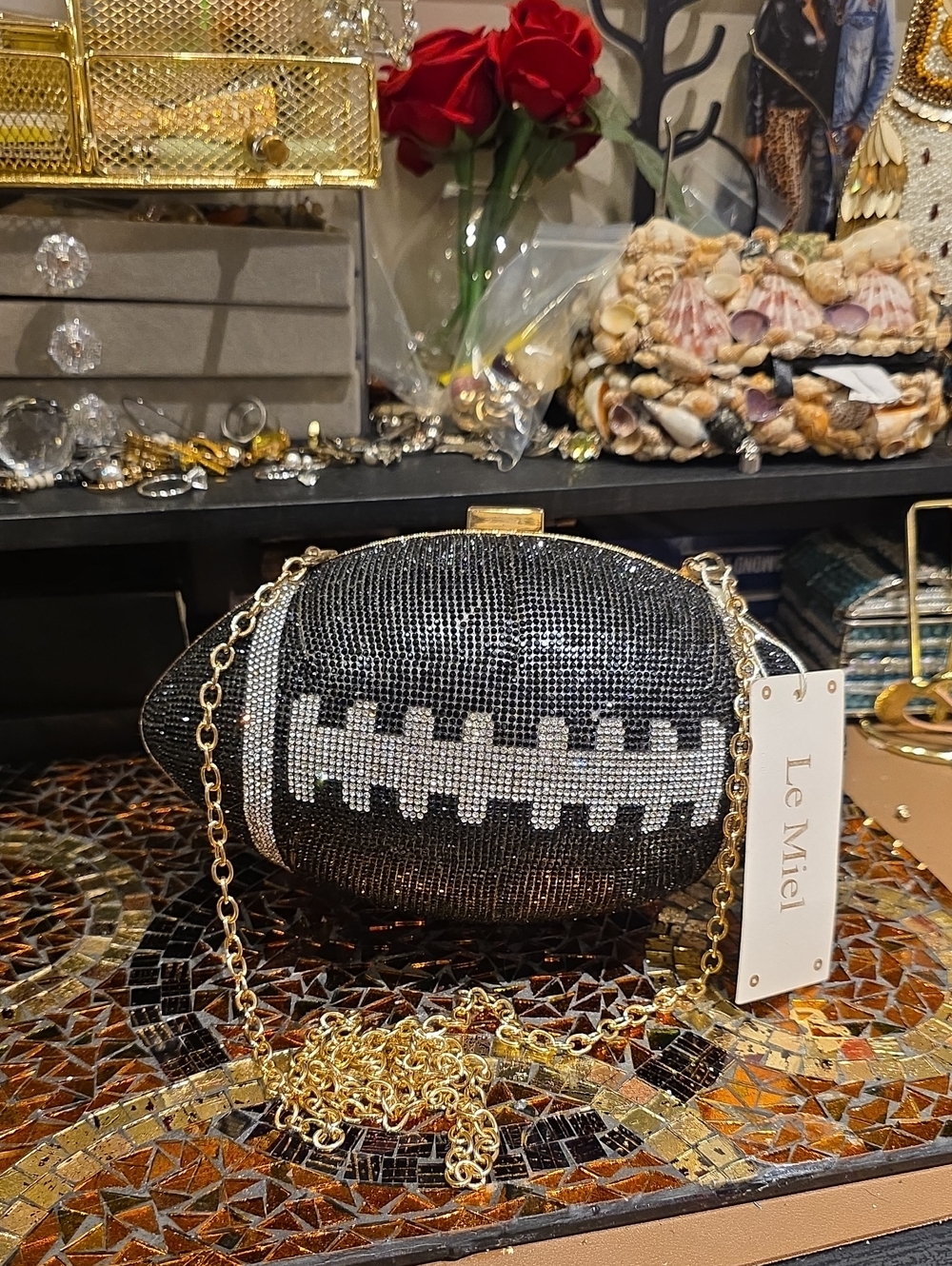 Le Miel Black & Silver Rhinestone Football Clutch with Chain